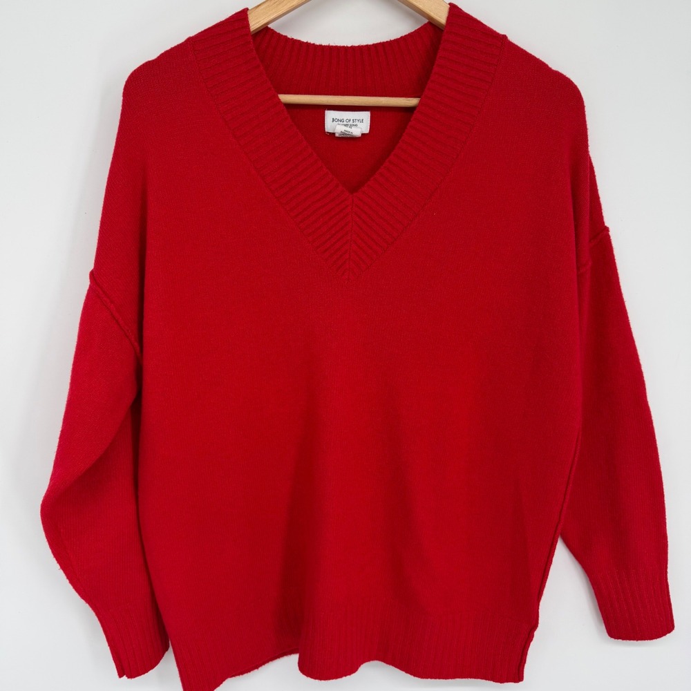 Song of Style Aimee Song Sweater Red V-Neck Oversized Knit Classic XS